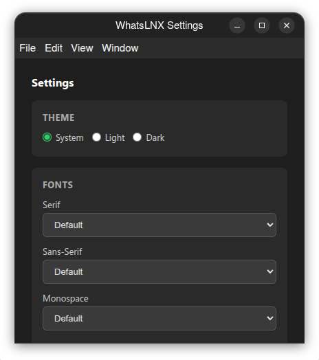 Settings window